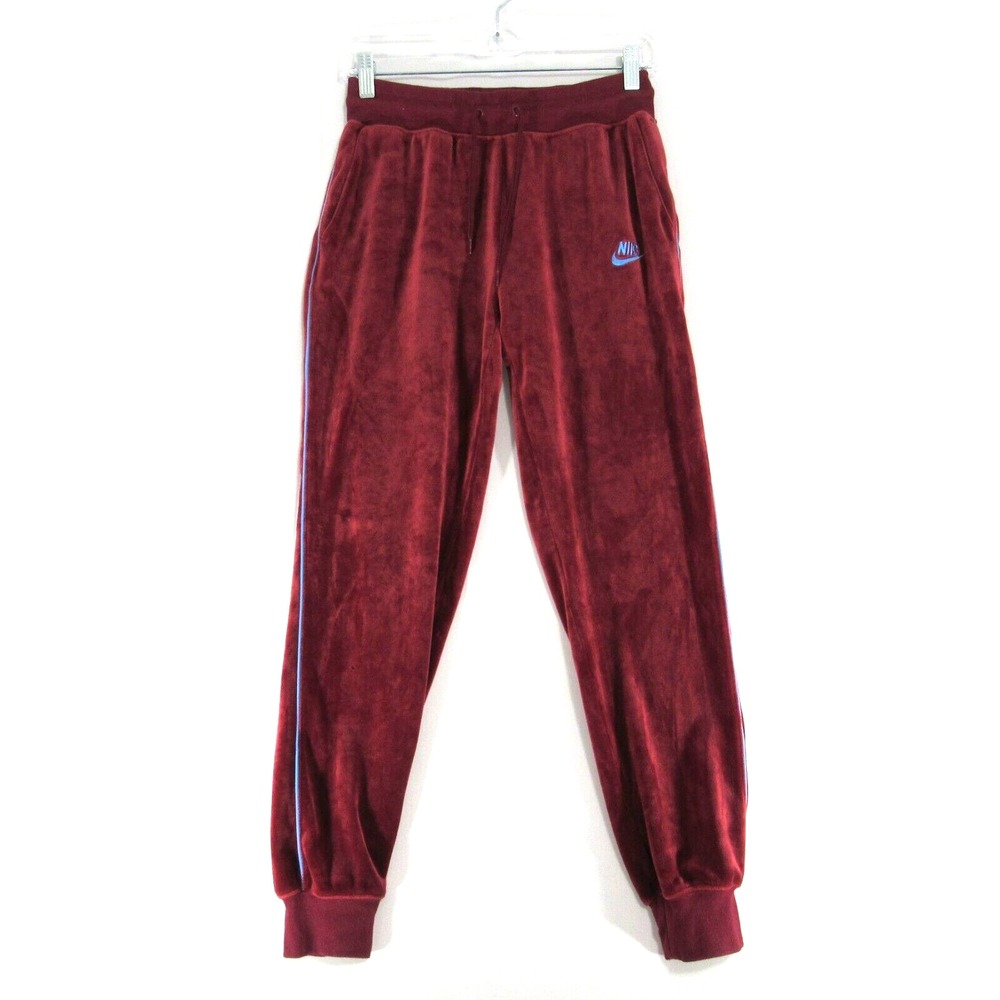 Nike Burgundy Velour Track Joggers with Blue Accent